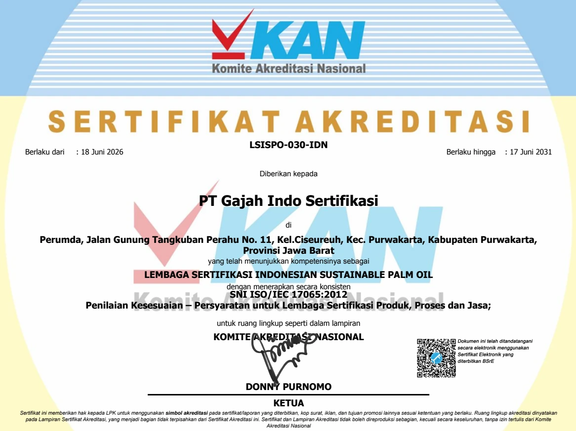 Sertifikat Akreditasi KAN nomor LSISPO-030-IDN untuk PT Gajah Indo Sertifikasi